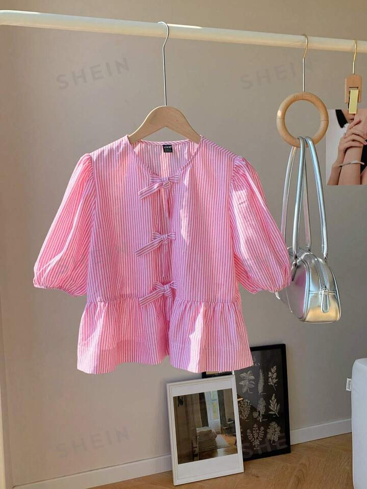 SHEIN SHEIN Comfortcana Damen Kurzarm Bluse mit Puffärmeln und gestreiftem Muster und Schleife, ... | SHEIN