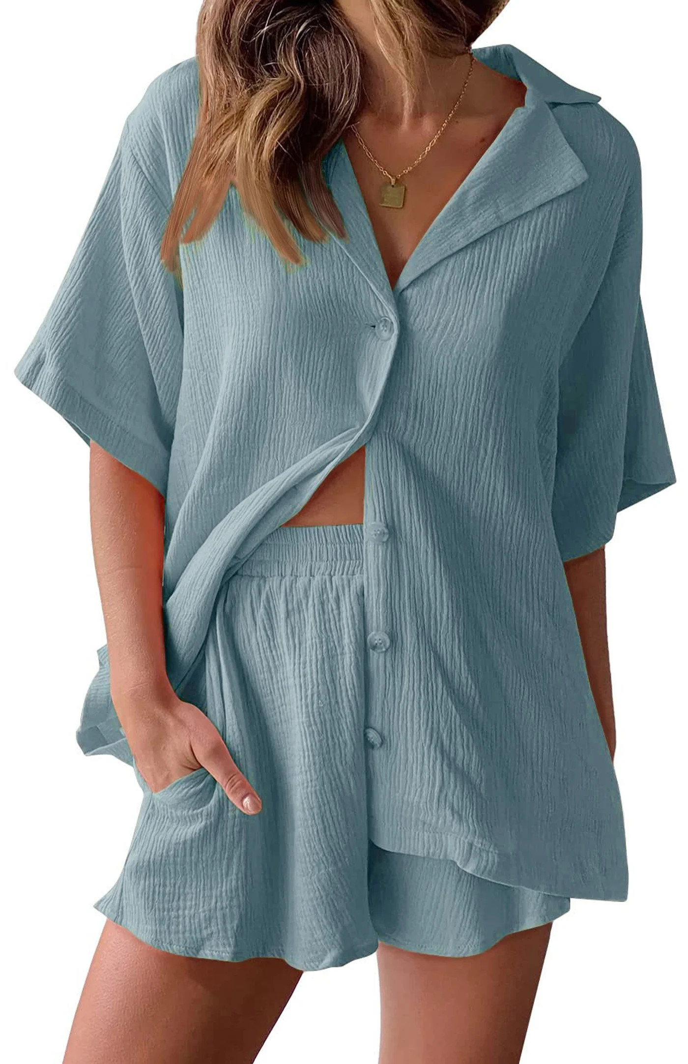 Fantaslook 2 Piece Lounge Sets for Women Button Down Shirts and Shorts Casual Set Short Sleeve Su... | Walmart (US)