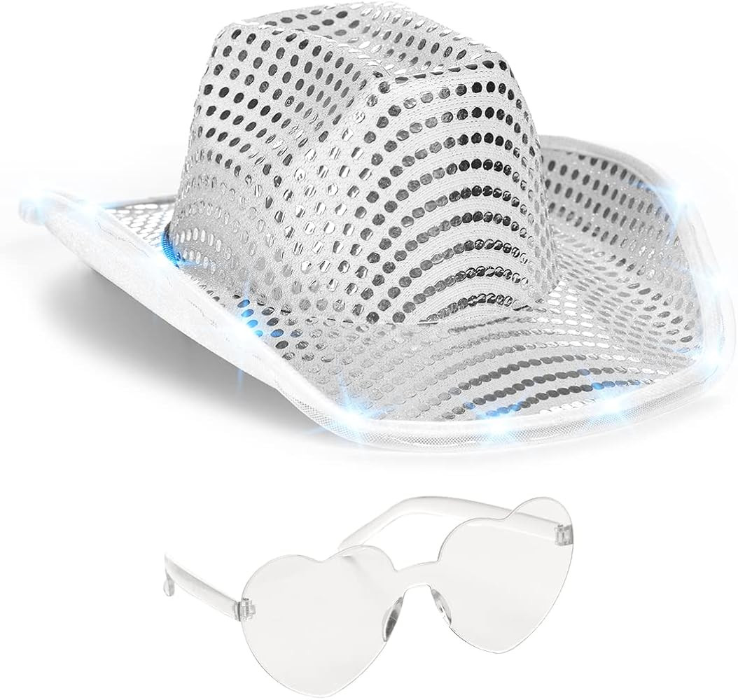 Funcredible Light Up Cowboy Hat and Glasses - Sparkly Disco Cowgirl Hat - Sequin Cowboy Hat for W... | Amazon (US)