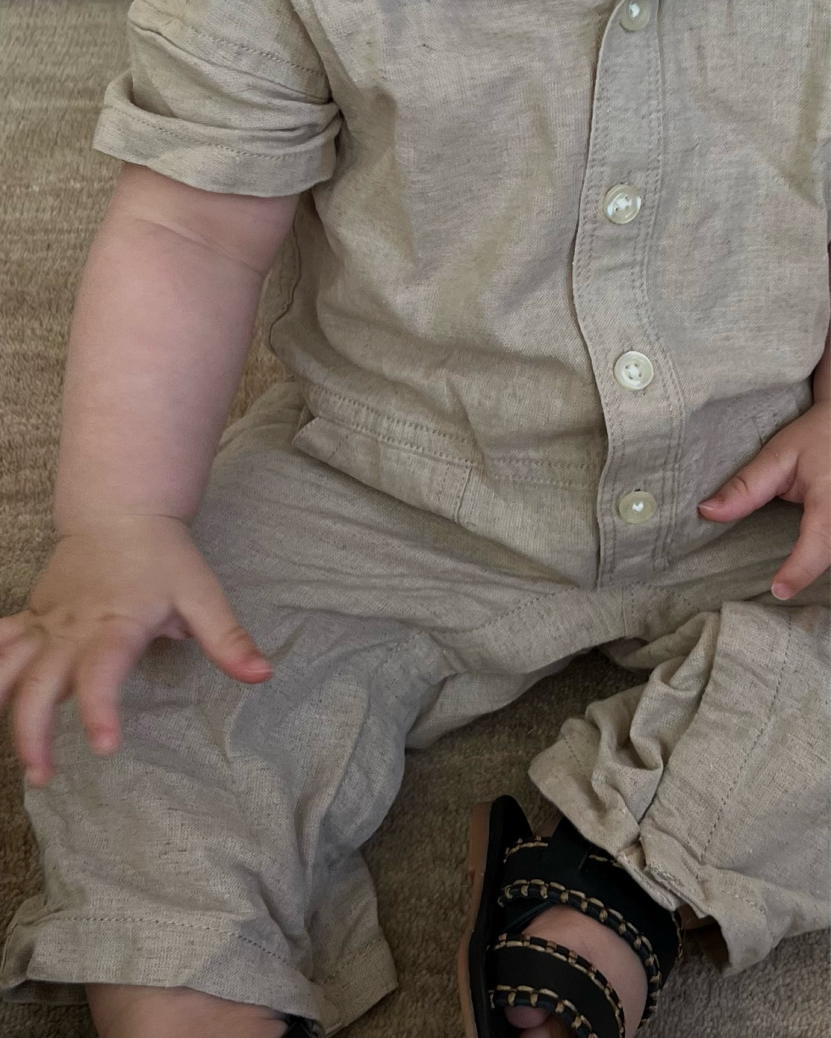 jumper can be rolled up into shorts. if your little is in between sizes, size up. it has no stretch and it looks so cute a little oversized 