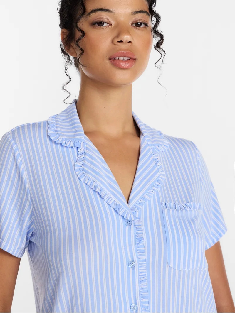 Joyspun Women’s Modal-Blend Ruffle Trim Notch Collar Top and Shorts Pajama Set, 2 Piece, Sizes ... | Walmart (US)