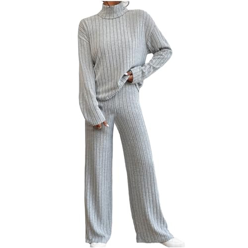 Cozy Sets for Women Clothing,Women's 2 Piece Knitted Lounge Sets Long Sleeve V Neck Knit Pullover Top and Baggy Pants Solid Sweater Knit Outfits,Waffle Knit Pajamas Women | Amazon (US)