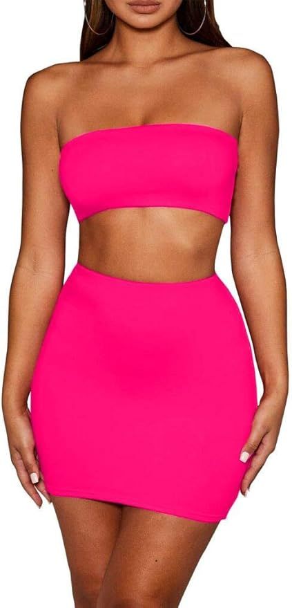 SKYVOICE Women's Sexy 2 Piece Outfits Tube Crop Top Skirt Set Bodycon Mini Dress | Amazon (US)