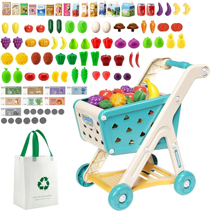 98pcs Kids Shopping Cart Trolley Play Set with Pretend Food and Accessories,Perfect for Ages 3+ P... | Amazon (US)