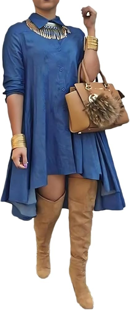 Denim Dress for Women 2024 Blue Denim Shirt Dress Blouses Long Sleeve Big Swing Casual Denim Part... | Amazon (US)