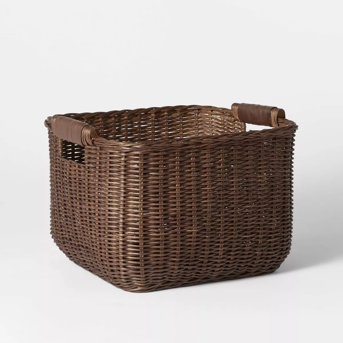 Cube Rattan Decorative Basket with Leather Handles Dark Brown - Threshold™ designed with Studio... | Target