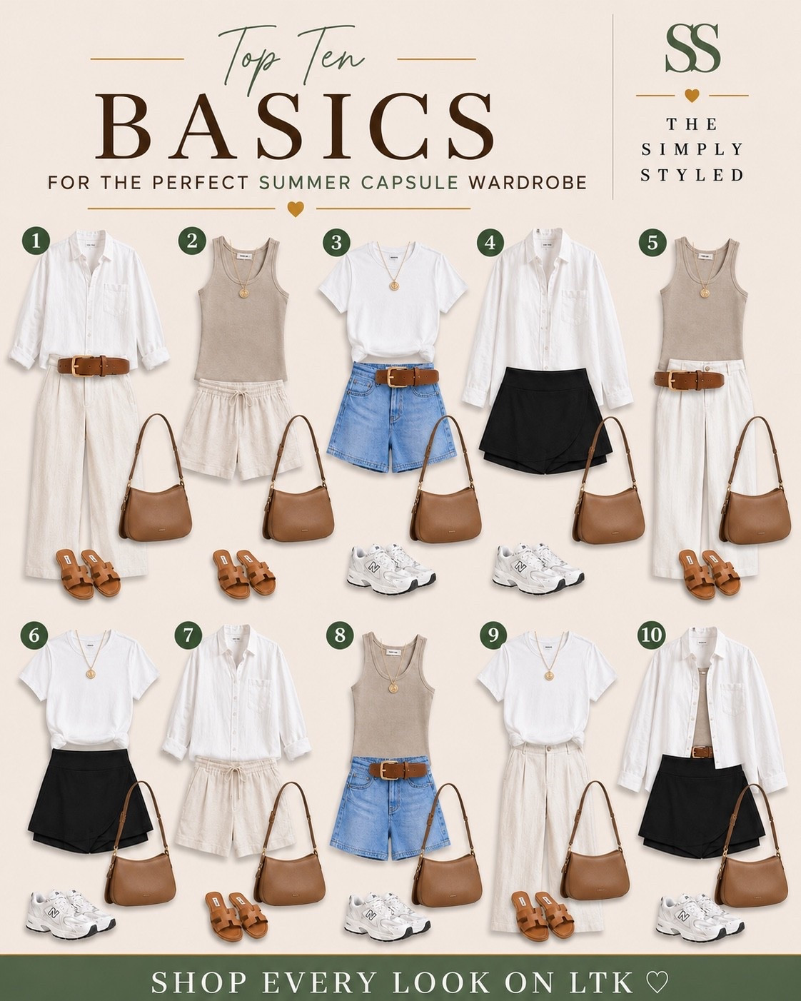 The 10 pieces that make getting dressed effortless all summer long 🤍 Think white tees, linen trousers, denim shorts, black skorts, button-down shirts, neutral sandals, everyday sneakers, capsule wardrobe essentials, elevated basics, minimalist style, versatile outfits, and timeless summer fashion. Shop all of my favorite wardrobe staples in one place.