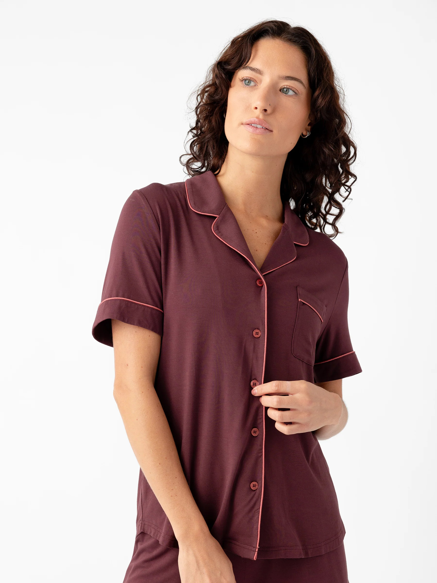 Women's Stretch-Knit Short Sleeve Shirt Bamboo Viscose Pajama Set in Burgundy (Size: Small) - Cozy Earth | Cozy Earth