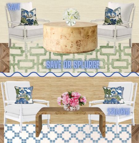 Budget // luxury // grasscloth wallpaper // spindle chairs // faux peony // throw pillows // chinoiserie // coffee table // burl wood // Oushak rug // geometric rug // flower arrangement // blue and white // grandmillennial // traditional home // green and white // Serena and Lily

#LTKsalealert #LTKhome