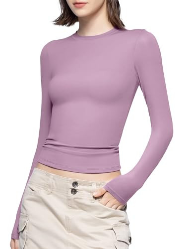 PUMIEY Long Sleeve Shirts for Women Crew Neck Slim Fit Tops Sexy Basic Tee, Mauve XX-Large | Amazon (US)