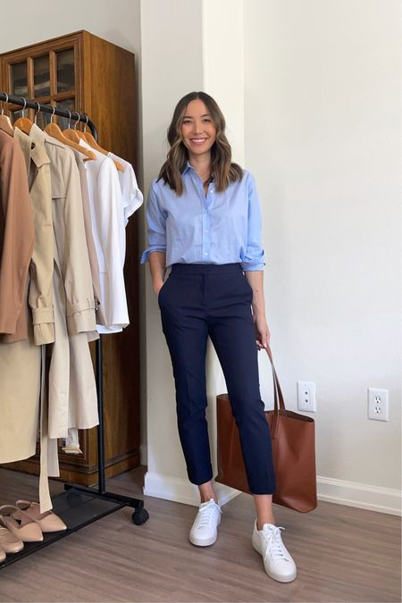 Spring business casual workwear 

Everlane silk blouse 0
Ann Taylor work pants 00P
White sneakers - tts 
Linked quality similar tote and more affordable option 