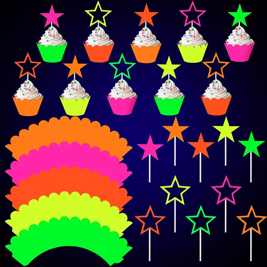 40 Pieces Glow Party Neon Party Supplies Glow Cake Toppers Neon Star Cake and Cupcake Wrappers Bi... | Amazon (US)