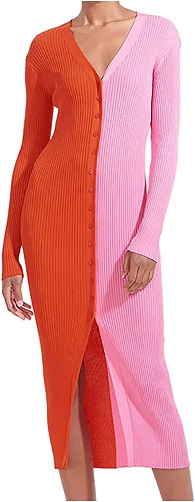 Women's Color Block Cardigan Sweater Dress V Neck Long Sleeve Ribbed Shirt Dress Button Maxi Eleg... | Amazon (US)