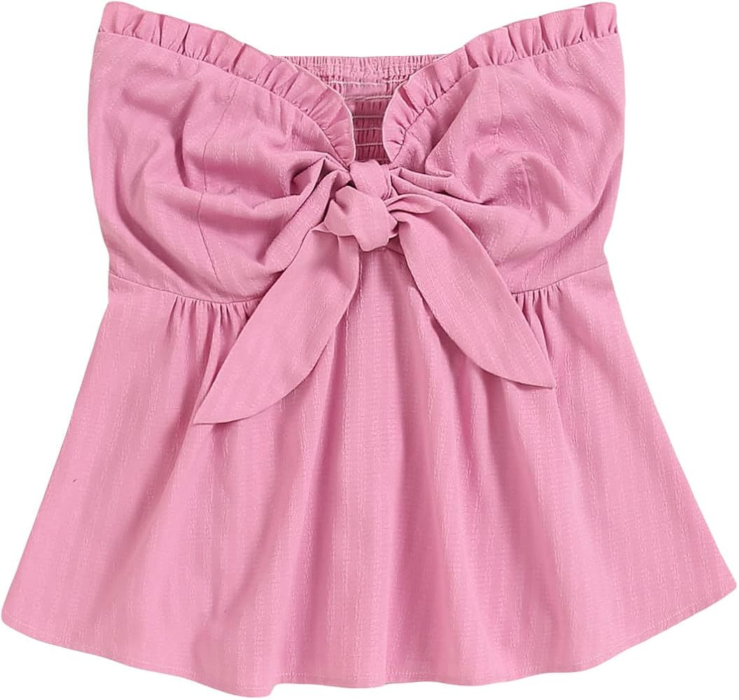 SOLY HUX Women's Frill Trim Tie Front Tube Top Sleeveless Strapless Ruffle Summer Tops | Amazon (US)