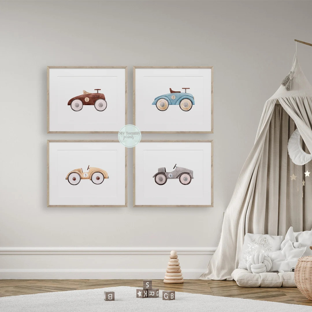 Set of 4 Vintage Car Prints For Little Boys Bedroom Decor Cars Toddler Wall Art Boys Nursery Prin... | Etsy (US)