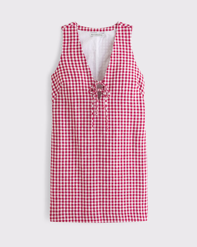 Abercrombie & Fitch Women's Linen-Blend Tie-Front Mini Dress in Red Gingham - Size XXS PETITE | Abercrombie & Fitch (US)