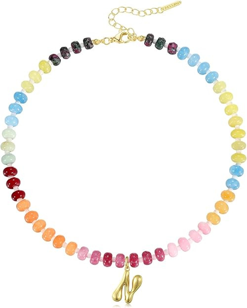 KissYan Initial Necklaces for Women, Colorful Beaded Gemstone Choker 14K Gold Bubble Letter Penda... | Amazon (US)