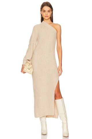 L'Academie Feride One Shoulder Midi Dress in Oatmeal from Revolve.com | Revolve Clothing (Global)