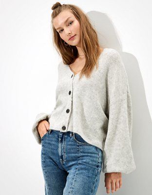 AE Cropped Balloon Sleeve Button Up Cardigan | American Eagle Outfitters (US & CA)