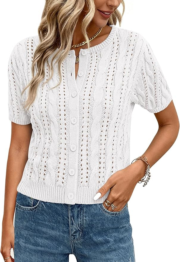 MASCOMODA Women Summer Cable Knit Crochet Cardigan Sweaters Casual Button Short Sleeve Sweater Cu... | Amazon (US)