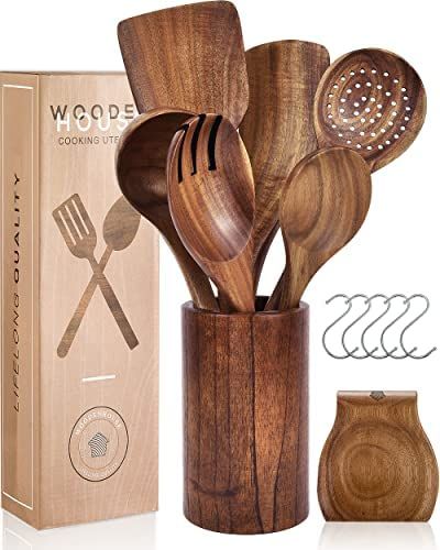 Wooden Cooking Utensils Set with Holder & Spoon Rest, Wood Spoons and Spatula for Cooking – 8pc... | Amazon (US)