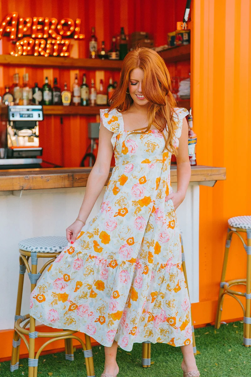 BuddyLove | Anastasia Ruffle Shoulder Midi Dress | Creamsicle | BuddyLove