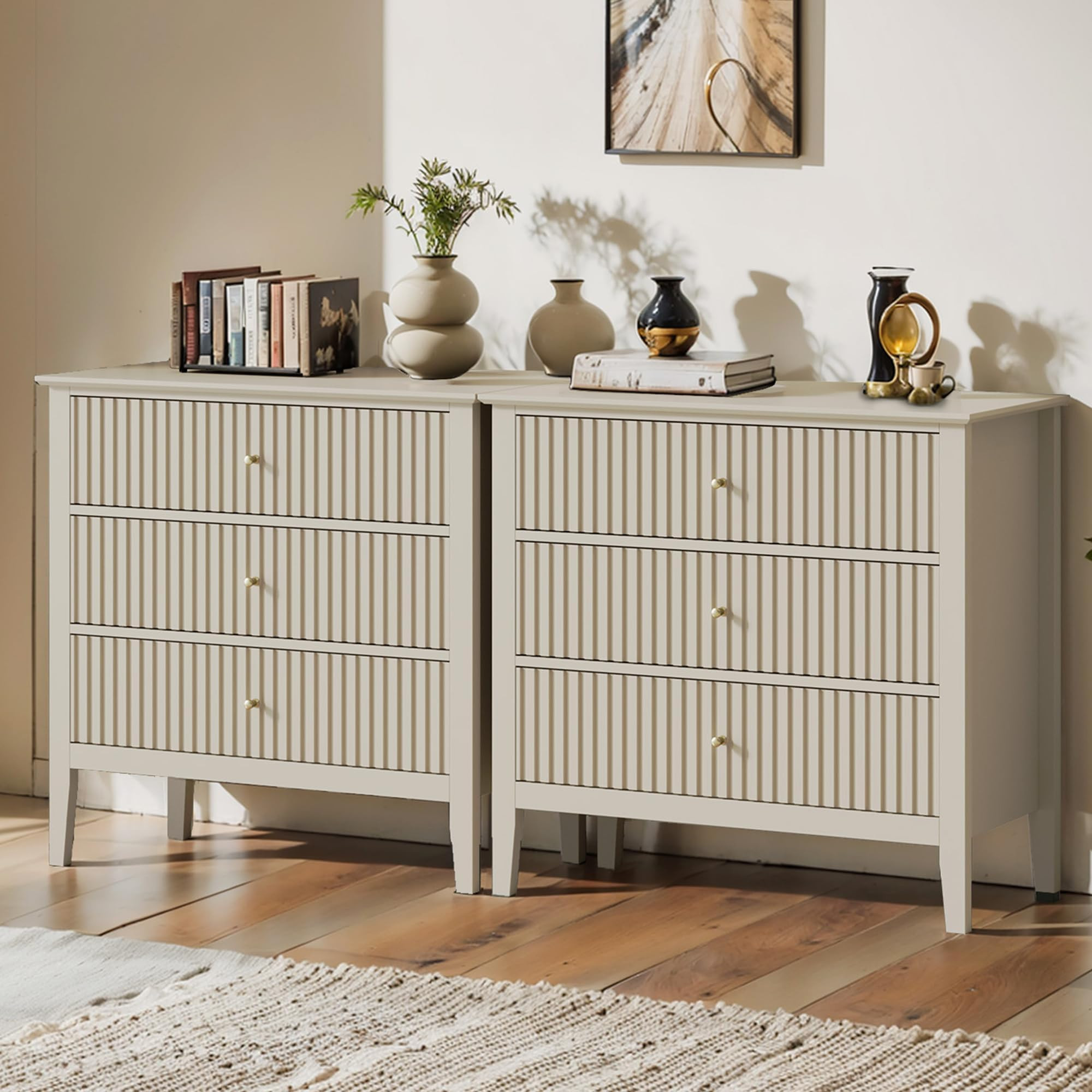 Large Beige Fluted 3 Drawer Dresser Set of 2, Chest of Drawers with Ball Bearing Slide Modern 30 ... | Amazon (US)