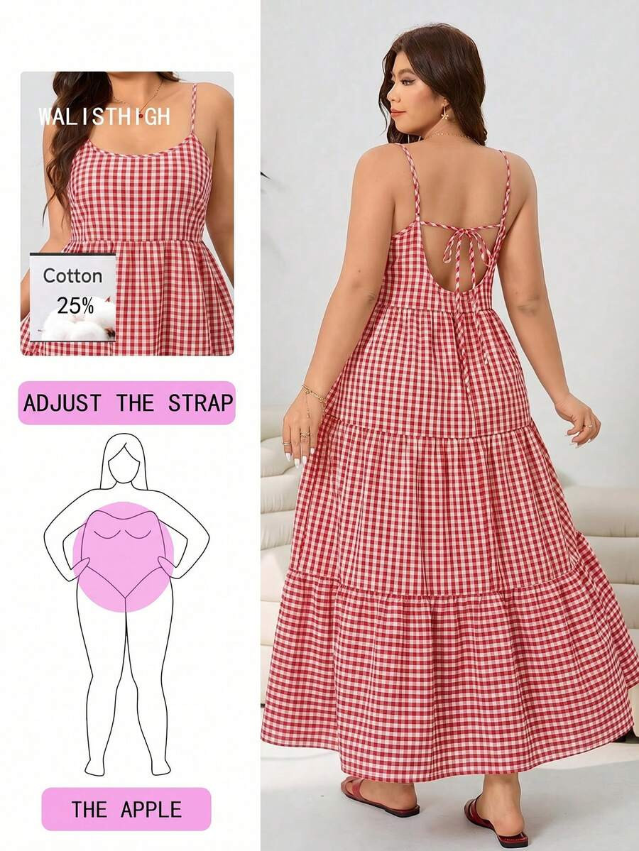 Solflare Summer Boho Red And White Plaid Maxi Dress,Plus Size Casual Picnic Backless Tie-Up Multi... | SHEIN
