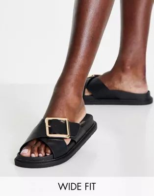 Truffle Collection Wide Fit buckle flat sandals in black | ASOS (Global)