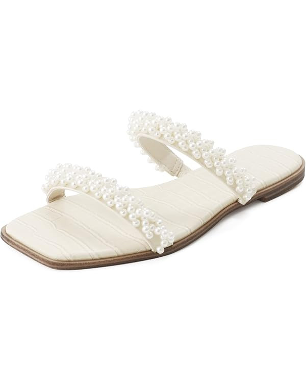 LACUONE Braided Flat Slide Sandals for Women Slip On Square Open Toe Woven Strap Sandals | Amazon (US)