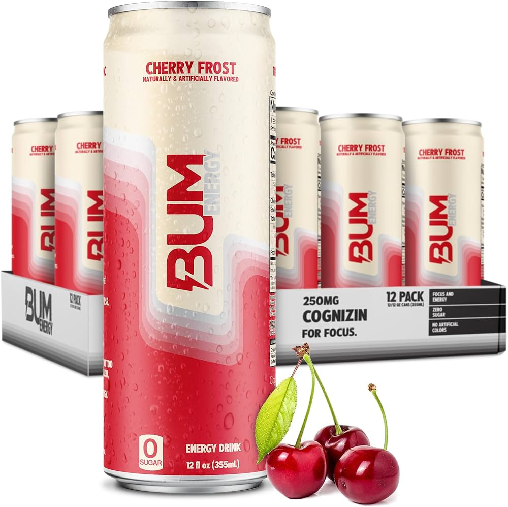 BUM Sugar-Free Energy Drink, Cherry Frost - Lightly Carbonated & No Artificial Colors, Natural Ca... | Amazon (US)