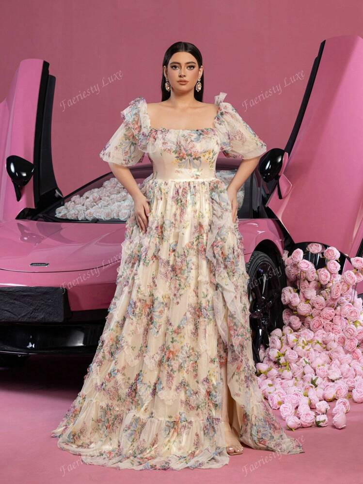 Faeriesty Plus Ruffle Trim Floral Printed Mesh Formal Prom Dress, Party Dress, Wedding Guest Dress | SHEIN