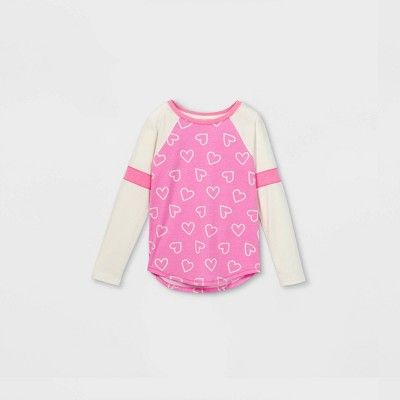 Girls' Heart Print Baseball Long Sleeve T-Shirt - Cat & Jack™ Cream/Bright Pink | Target