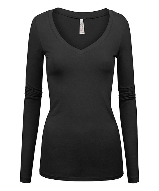 SBS Fashion Women's Tee Shirts Black - Black V-Neck Long-Sleeve Tunic - Women | Zulily
