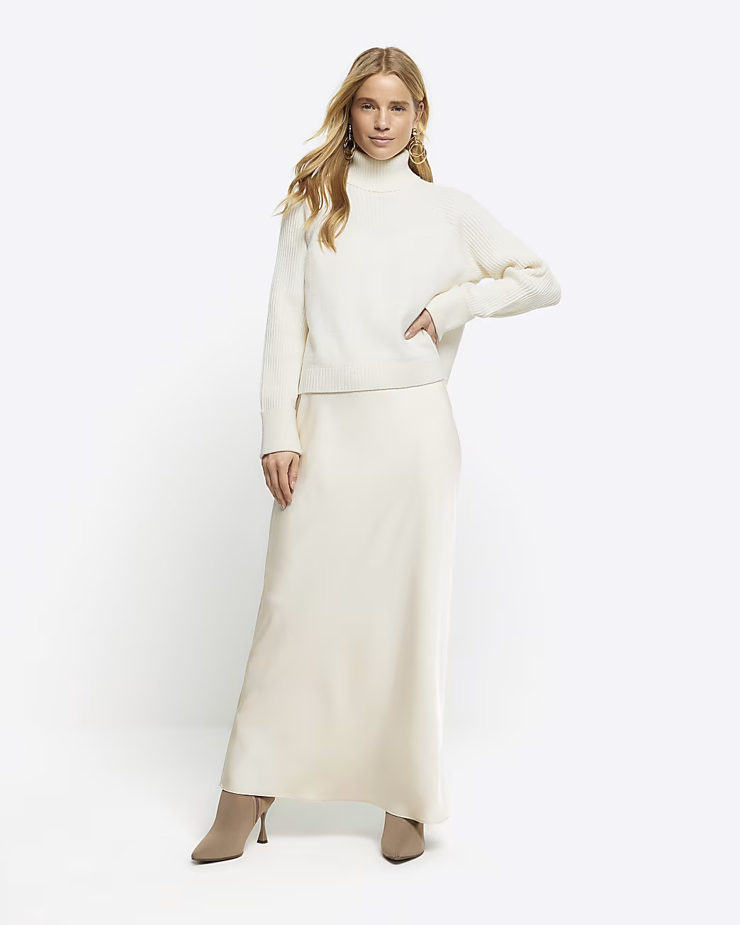 Cream satin high neck hybrid maxi dress | River Island (UK & IE)