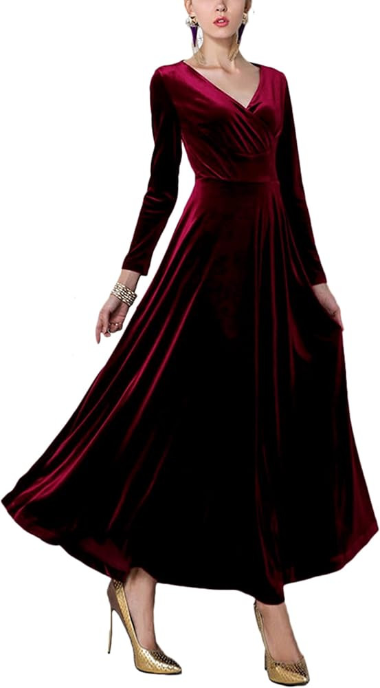 Urban CoCo Women Long Sleeve V-Neck Velvet Stretchy Long Dress | Amazon (US)