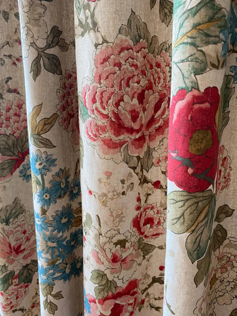 Linen Curtains Romantic Large Pink Peonies Roses Floral Patterned Botanical Flower Bouquet Drapes... | Etsy (US)