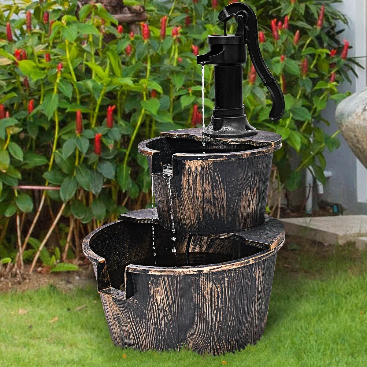 Gymax 2 Tier Barrel Waterfall Fountain Barrel Water Fountain Pump Outdoor Garden - Walmart.com | Walmart (US)