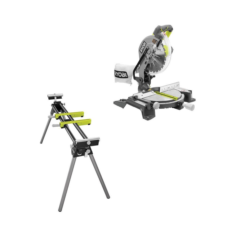 RYOBI 10 in. Sliding Miter Saw with LED and Miter Saw Stand with Tool-Less Height Adjustment-TSS1... | The Home Depot