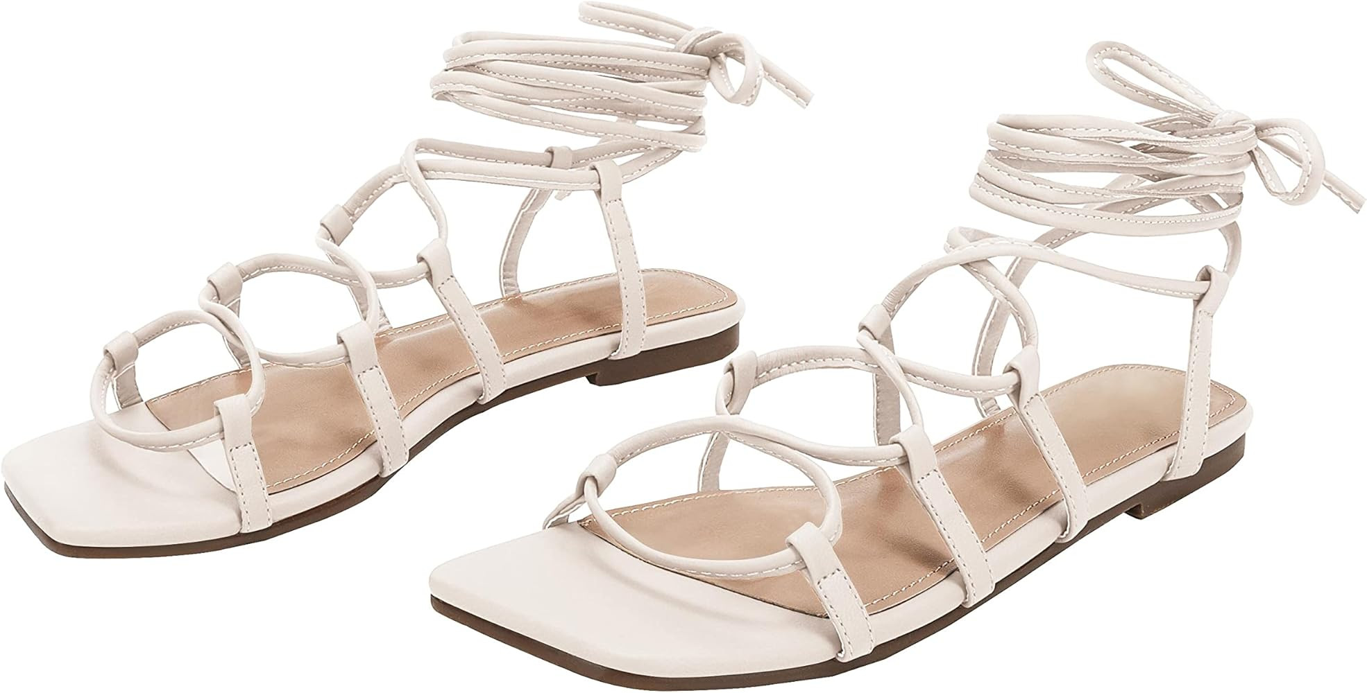 Womens Lace up Square Toes Flat Sandals with Ankle Strap Summer Criss-Cross Gladiator Shoes | Amazon (US)