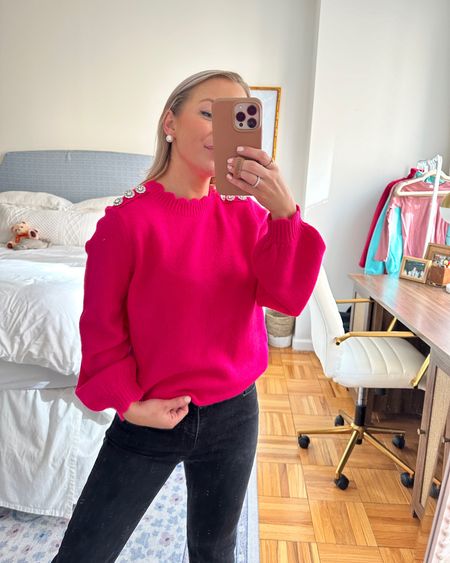 Pink crewneck sweater with ruffles and crystal details on the shoulders! Wearing the PS, fits like a small 💖 #Belk #sweater #crewneck 

#LTKsalealert #LTKworkwear #LTKfindsunder50