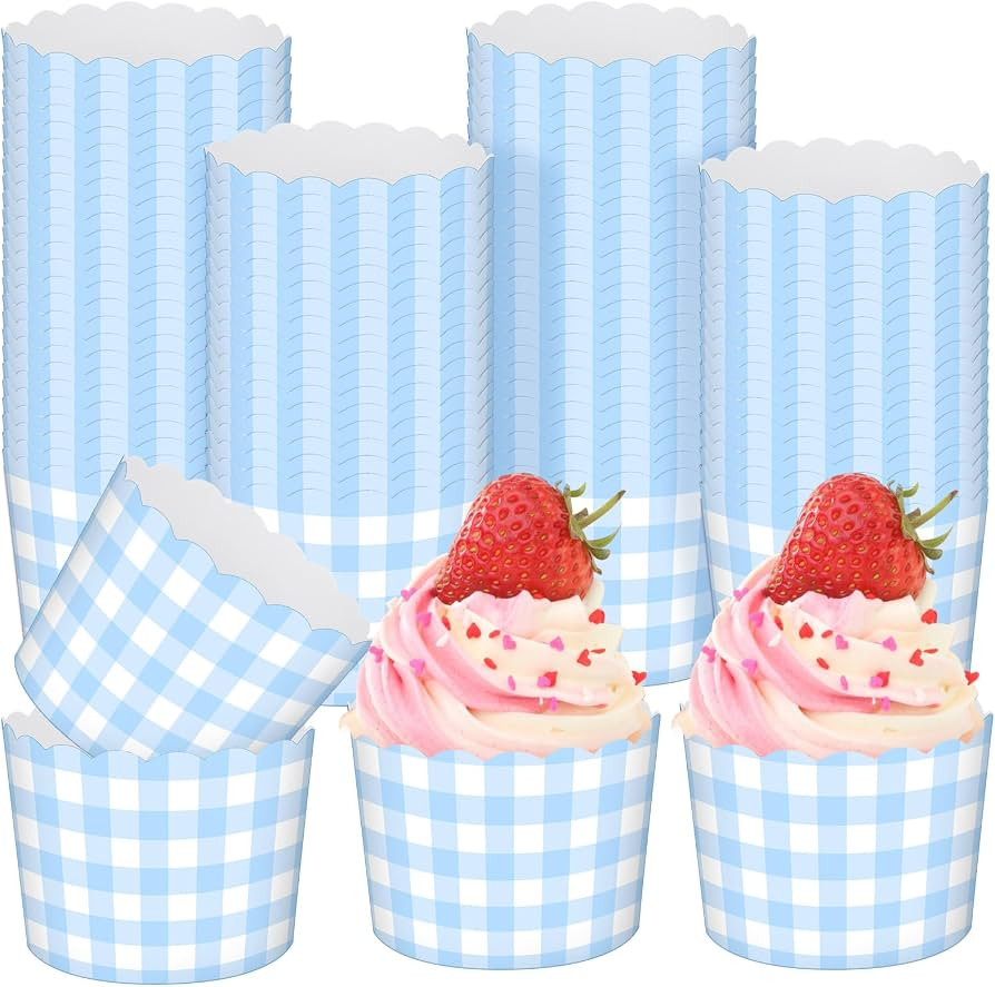 Vesici 150 Pcs Blue Gingham Party Supplies 5 oz Ice Cream Cups Scalloped Gingham Cupcake Cups Pap... | Amazon (US)