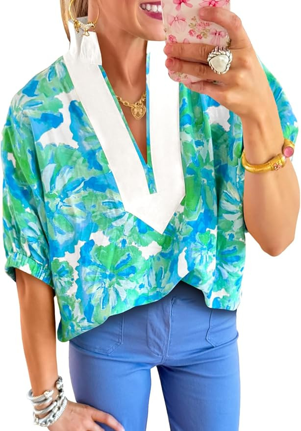 Cicy Bell Womens Summer Floral Blouses V Neck Puff Half Sleeve Boho Tops Color Block Dressy Casua... | Amazon (US)