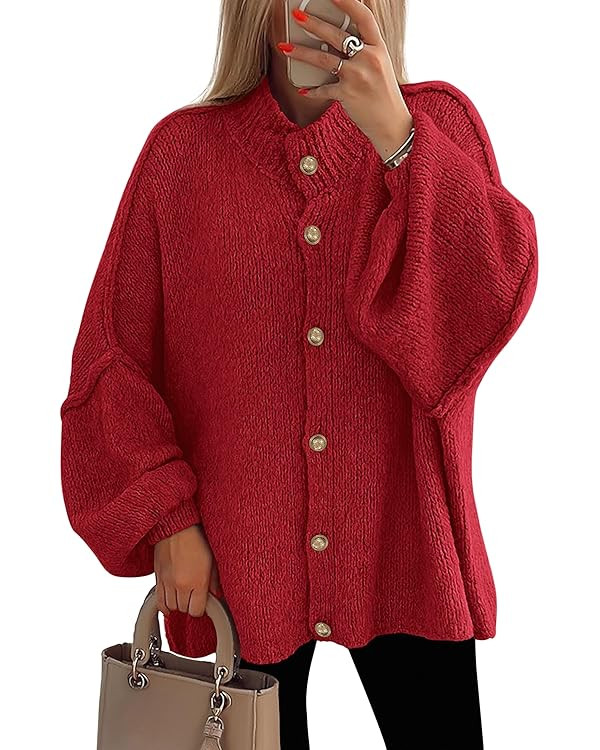 PRETTYGARDEN Women's Winter Button Down Cardigan Sweaters Mock Neck Lantern Long Sleeve Chunky Kn... | Amazon (US)