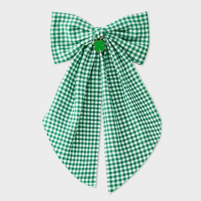 St. Patrick's Day Gingham Print with Clover Charm Hair Bow Clip - White/Green | Target