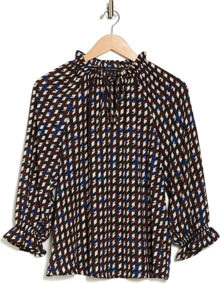 Pleione Ruffle Split Neck Tie Front Three-Quarter Sleeve Top | Nordstromrack | Nordstrom Rack