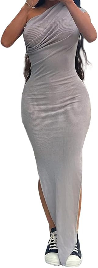 Halfword One Shoulder Dress for Women Ribbed Bodycon Ruched Sleeveless High Split Cocktail Party ... | Amazon (US)