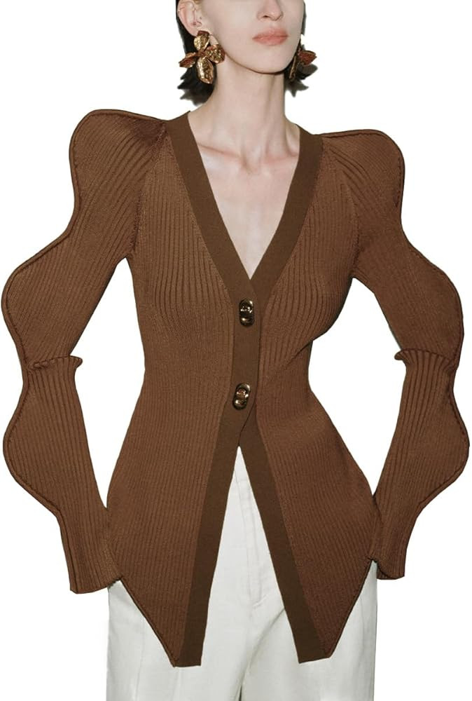Women Long Wave Sleeves Cardigans V Neck Knit Sweater Glod Turnlock Closure Button Outwear Fall/W... | Amazon (US)