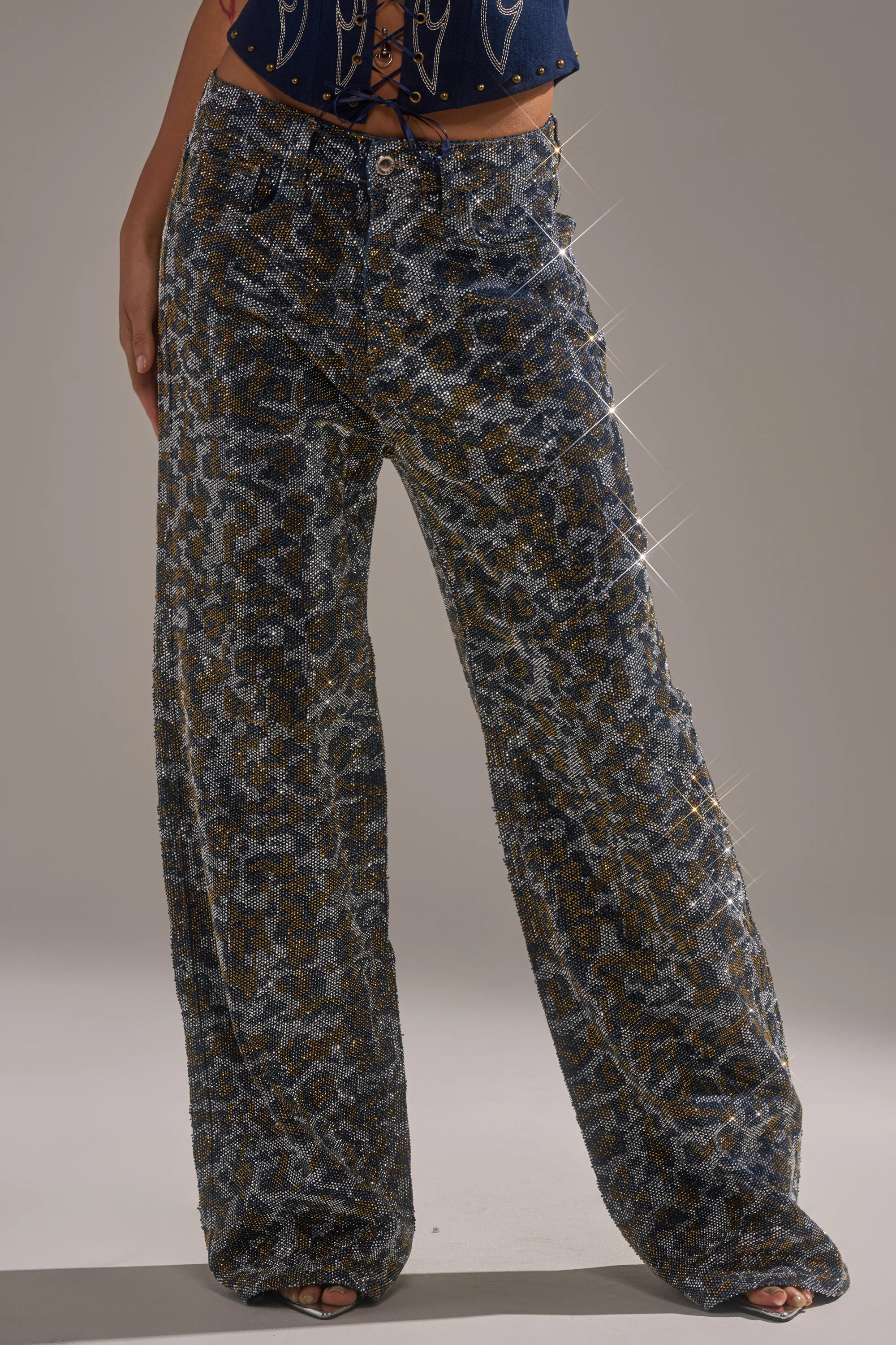 CHEETAH GIRLY RHINESTONE DENIM PANT | AKIRA