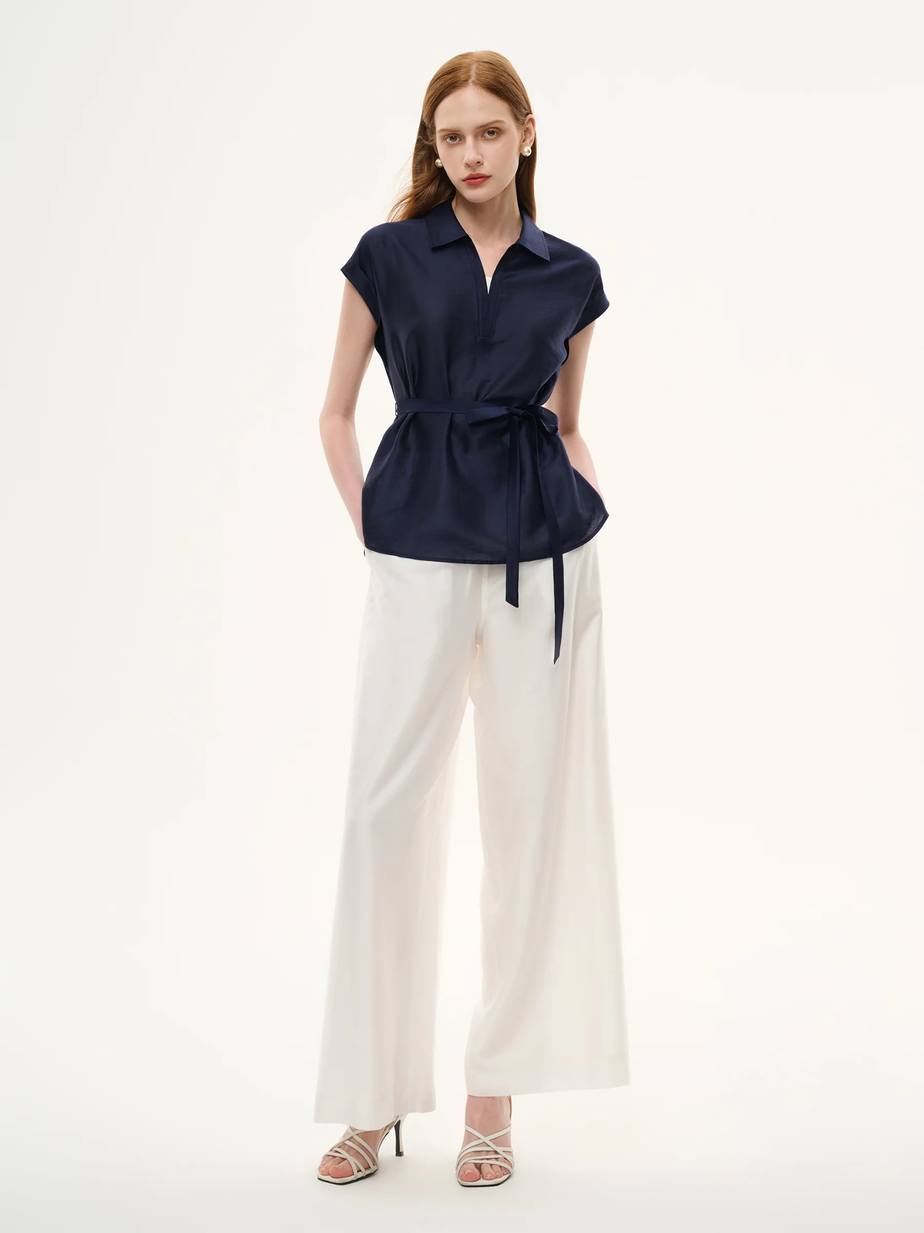 Pre-Order Tencel Blend Belted Blouse And Pants Two-Piece Set | GOELIA